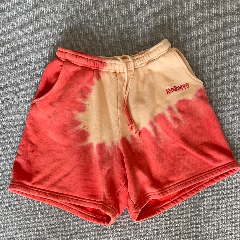 orange and yellow tye dye mad happy sweat shorts